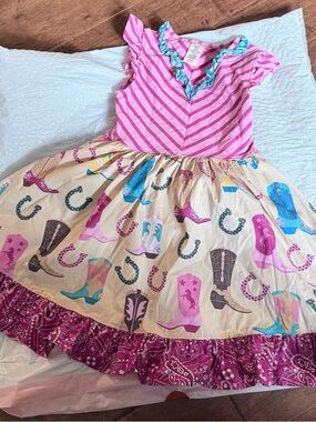 Girls Pink Striped Western Boot Print Dress